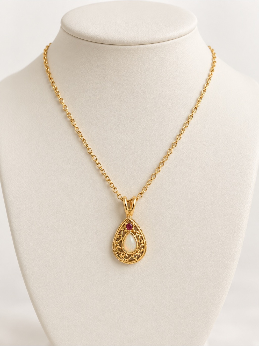 Van Doran Necklace Ruby & Opal Pendant Gold Tone 18 Inches Vintage Original Box